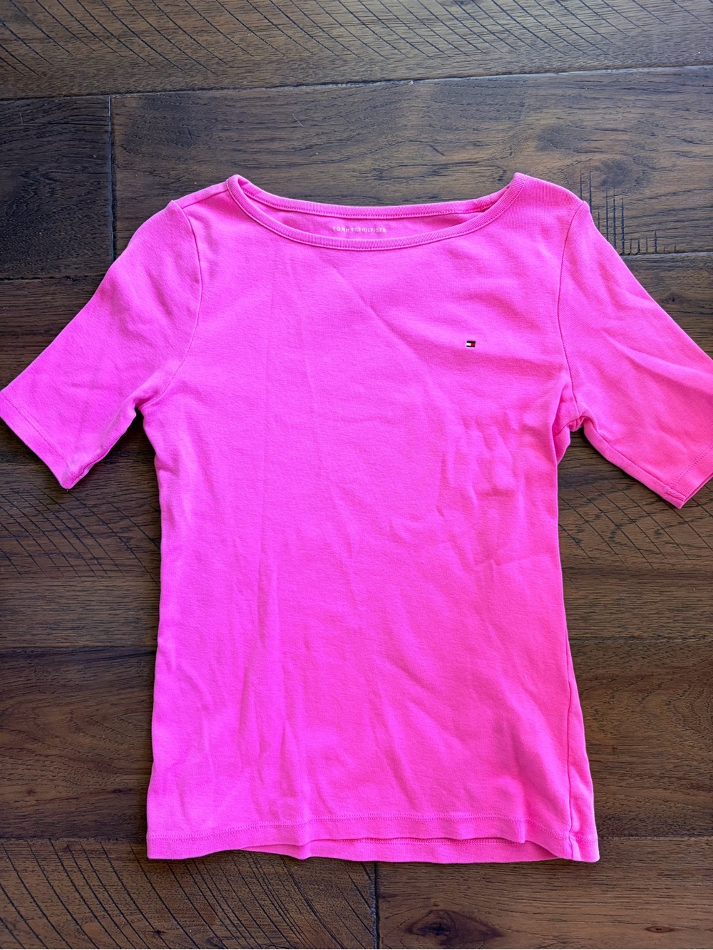 Tommy Hilfiger Hot Pink Boat Neck T Shirt Small Elbow Sleeve Preppy Logo Tee